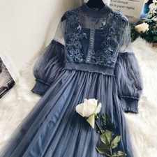 Women Puff Sleeve Lace Hollow Out Fairy Floral Dress Sexy Mesh Elegant Lolita