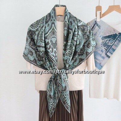 Sallys 100% Mulberry Silk Wrap Shawl Paisley Print Square Scarf 110cm Turquoise