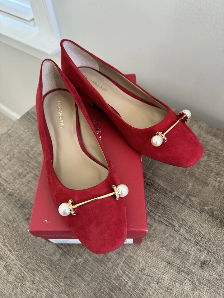 NUEVO EN CAJA MOCASINES DE GAMUZA ROJA CON PERLAS ENZO ANGIOLINI BRONNEN TALLA 8,5M