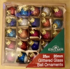 Sealed Kurt Adler 25pc Miniature Glitter Glass Ornaments 20mm. 8790