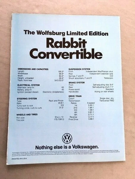 1983 VW Volkswagen Rabbit Wolfsburg convertible Original Car Sales Brochure Foto 3 de 3
