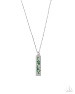 Paparazzi Lady AWESTRUCK - Green - Inscribed Word Lucky - Clover Necklace & Earr