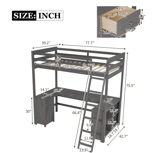 Cama tipo loft doble tamaño completo con estantes de almacenamiento de escritorio juegos de dormitorio marcos de cama de madera  Foto 2 de 4