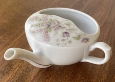 ANTIQUE White INVALID Porcelain FEEDER Purple Floral Pattern Gilt VINTAGE RARE