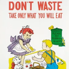 Don't Waste Food Children Print 1950s Good Manners Vintage Wall Art Poster A301