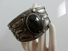 Antique Repousse Silver Black Onyx Wide Cuff Bracelet