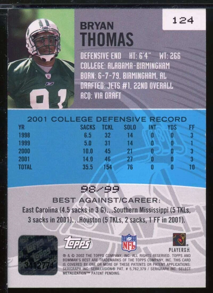 Bryan Thomas AU Card 2002 Bowman's Best Gold #124 - Image 2 of 2