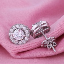 4 Ct Round Simulated Diamond Women's Halo Engagement Stud Earrings in 925 Silver