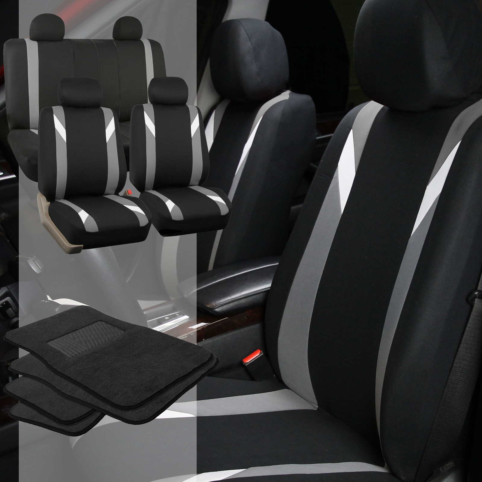 Seat Covers For Auto Car Gray W/ 4PC Black Carpet Floor Mats