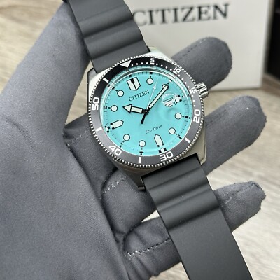NEW  Citizen Eco-Drive Turquoise Blue Date Dial Silicone Men's Watch AW1760-14X