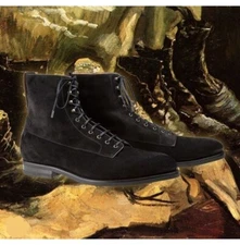 New Black Suede Formal Combat High Ankle Lace Up Biker Boots For Mens