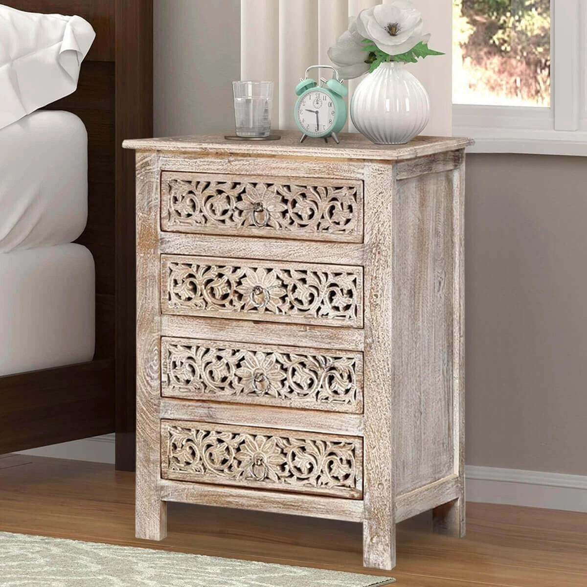 Mango Wood Nightstand With Four Drawer Unique Suited For Bedroom Storage Set
