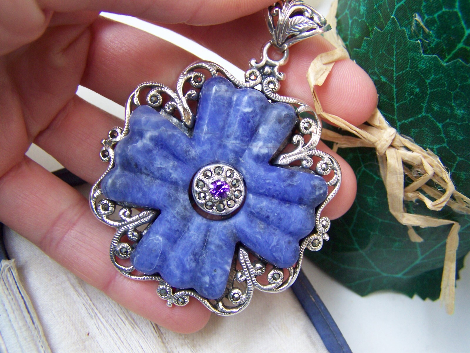 GORGEOUS LARGE SOLID STERLING SILVER BLUE AGATE M… - image 3