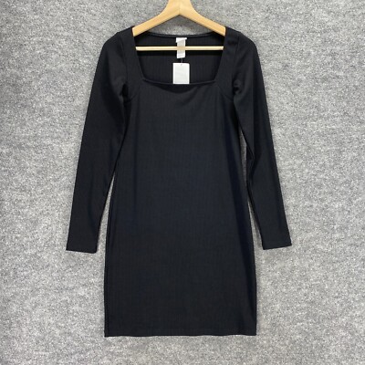 New H&M Dress Women S Black Square Neck Long Sleeve Short Sheath Rayon