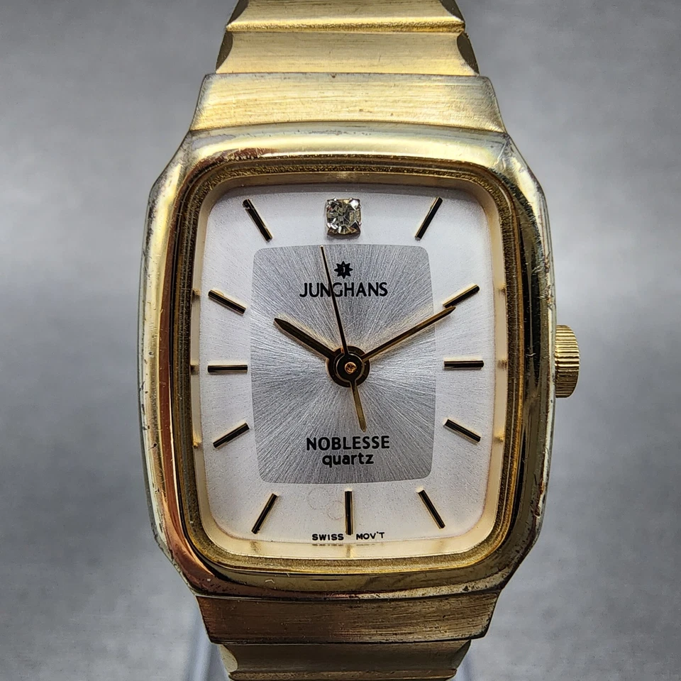 Reloj Junghans Noblesse Mujer 19mm Esfera Blanca Tono Dorado Rectángulo Batería Nueva Foto 2 de 4