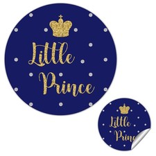 50 Royal Blue Little Prince Crown stickers, Gold Glitter Boy Baby Shower or...