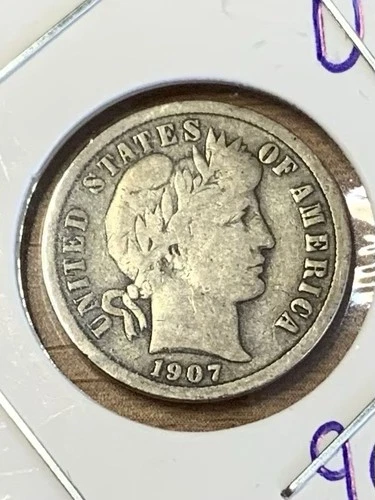 1907-P Barber Dime 90% Silver VG Laurel Wreath Circulated Details Sleeved
