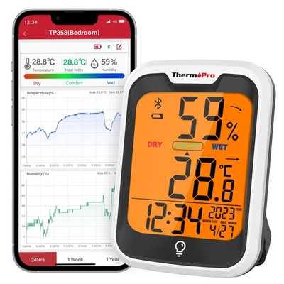 TP358 Bluetooth Hygrometer Innen Raumthermometer mit Uhrzeit 0.5  Genau