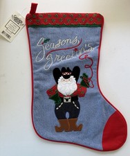 Garden Ridge Christmas Stocking Denim Cowboy Santa Western New 17? Red Trim