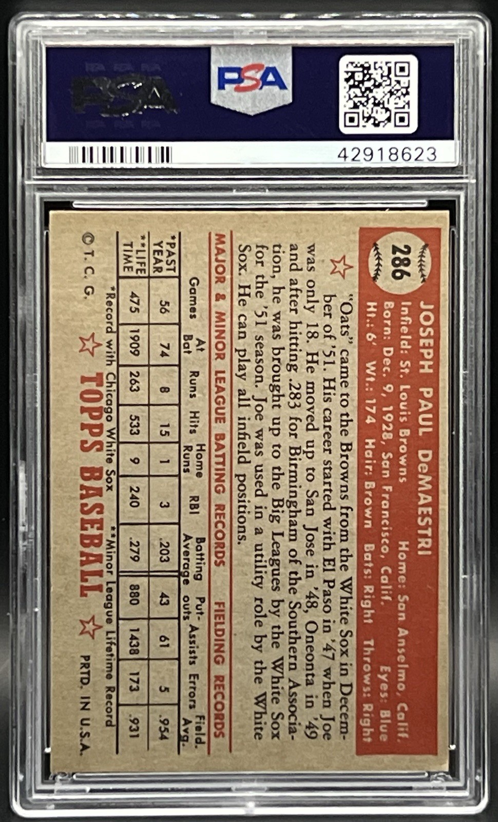 1952 Topps - Joe DeMaestri #286 - PSA 6.5 view 2