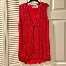 Oleg Cassini Blacktie Heavy Beaded Silk Sleeveless Jacket S Red Festive Holiday