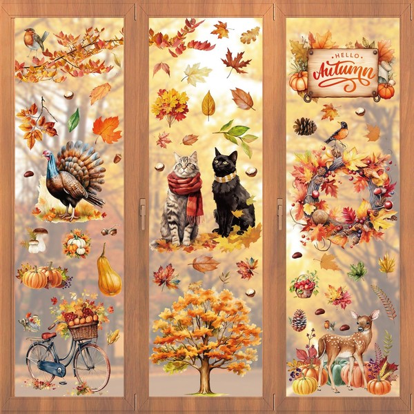 Fensterbilder Herbstdeko Katze KüRbis Ahornblatt Aufkleber Selbstklebend 76 Stk-image