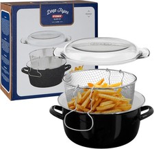 Premier Housewares 5L Family Deep Fryer – Heavy Duty Black Enamel – Pyrex Lid