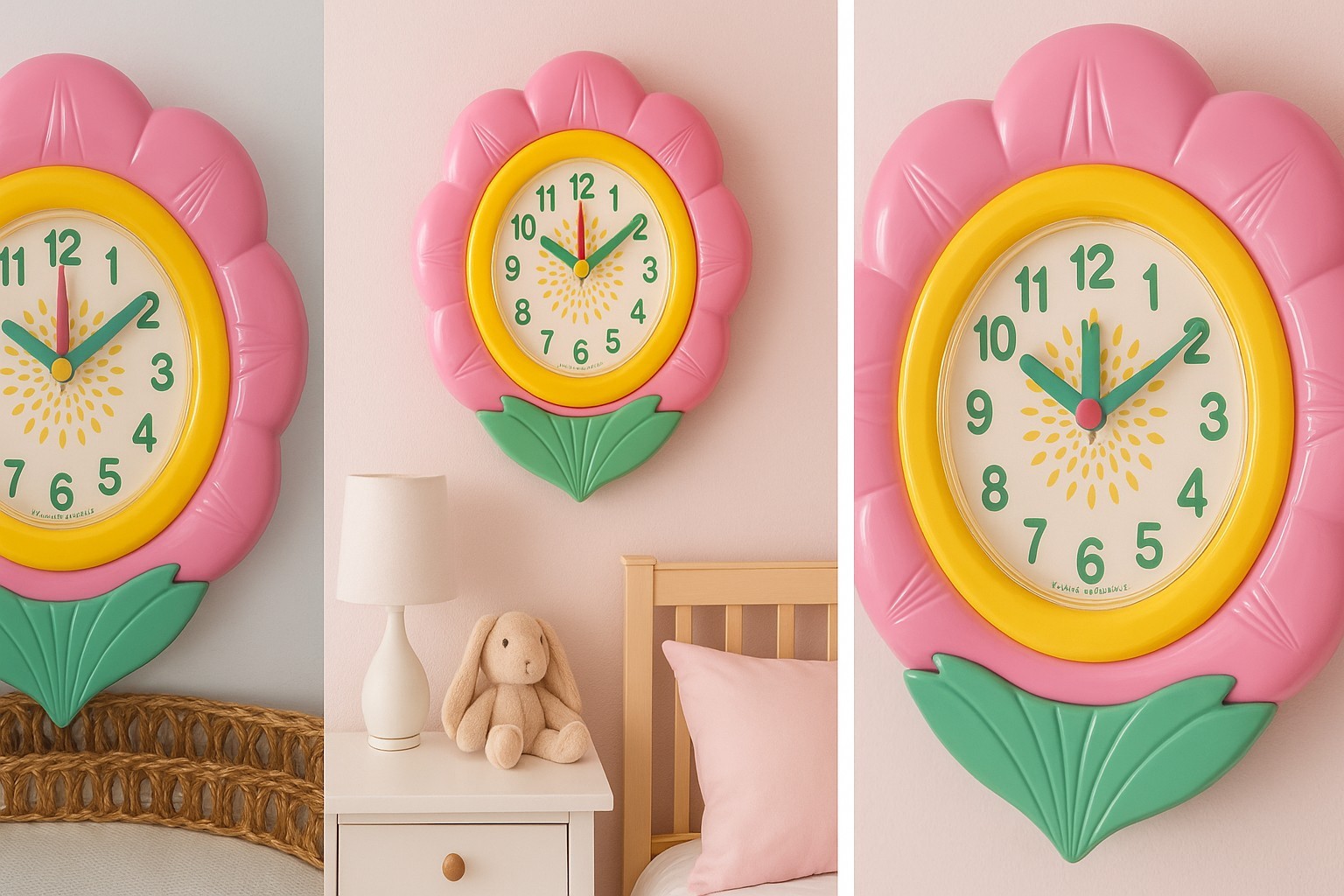 Kids Flower Wall Clock Pink Yellow Cute Decor Girls Room Kid