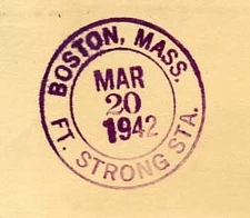 Massachusetts Fort Strong Sta. Boston 1942 reverse violet double ring  1941-1947