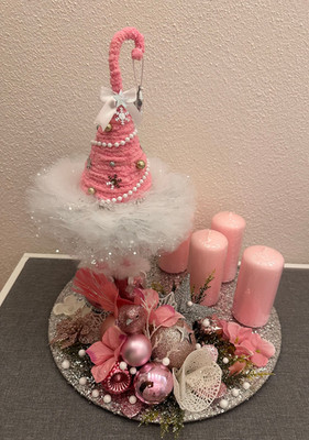 Adventsgesteck Weihnachtsgesteck Adventskranz Baum Rosa Silber Glitzer