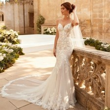 Classic Mermaid Lace Wedding Dress Spaghetti Straps Long Court Train Bride Gown