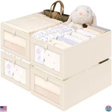 Criusia 4-Pack Foldable Linen Baskets with Mesh Windows – Beige Toy & Clothes