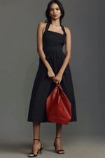 Anthropologie Porridge Halter Utility Midi Dress L Black Old Money Classy NWT