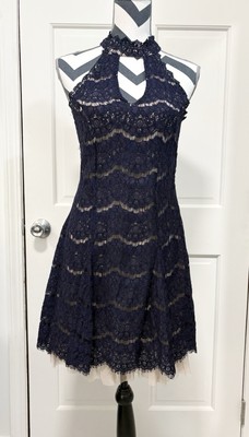 Francesca's A-line Dress Sz S Navy Cream Lace Halter Neck Tulle Formal Party