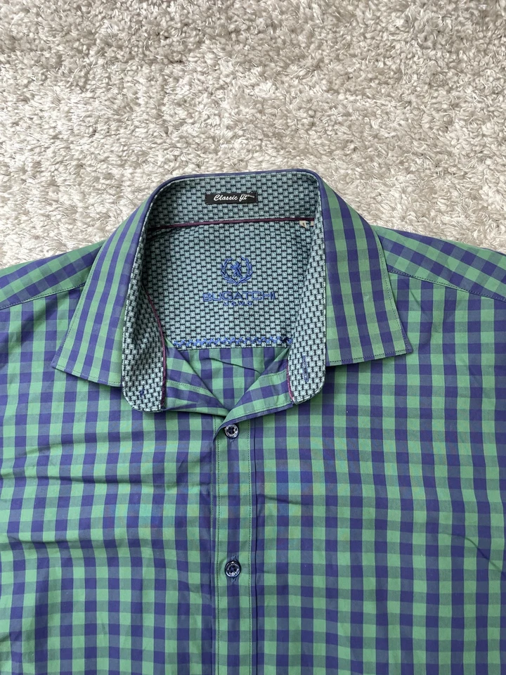 Camisa Bugatchi Para Hombre Grande Verde Azul Cuadros Puño Abatible Manga Larga Abotonada Foto 4 de 4
