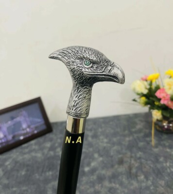 Vintage Aluminum Style Brass black Eagle Head Handle Wooden Cane Walking Stick