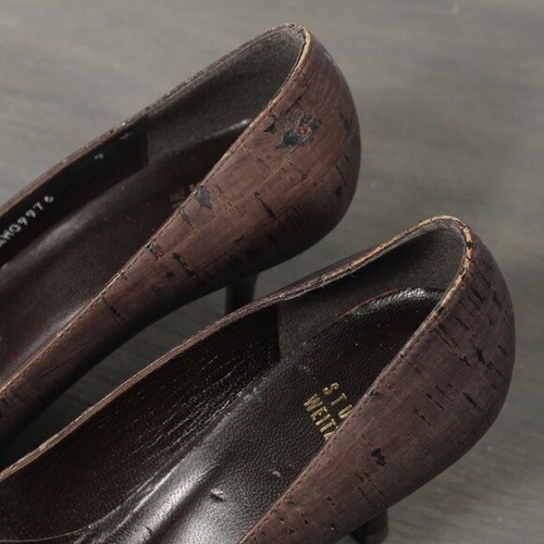 Stuart Weitzman Brown Peep Toe Cork Heels Size 9 - Picture 5 of 11