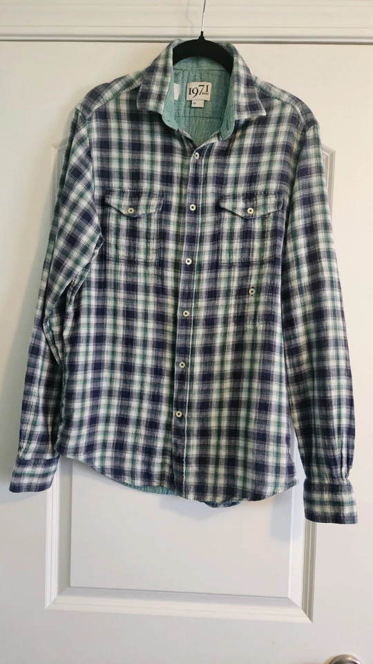 Camisa de franela a cuadros REISS 1971 Vinci para hombre talla mediana azul verde solapa parche bolsillos Foto 2 de 4