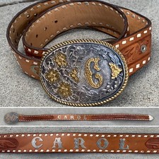 Vintage Tooled Leather Western Belt The Name Carol C Buckle El Arturo Crumrine