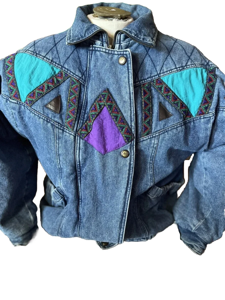 Vintage Rainbow West Colorful Patchwork Bomber Jacket Retro Purple Blue Small