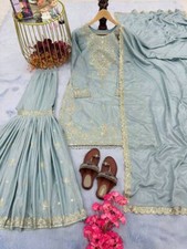Latest Pure Chinnon Silk Pastel Blue Top ,Sharara With Dupatta For Women
