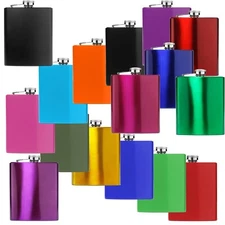7 OZ HIP FLASK Stainless Steel Blue Green Pink Purple Red Silver Yellow Black