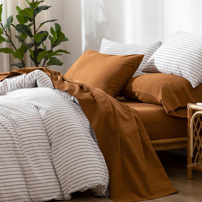 Bedding Sheet Set 100% Washed Cotton Linen like Textured Breathable Durable Soft