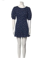 Love Shack Fancy Womens Cotton Round Neck Floral Mini Puff Sleeve Dress Blue S