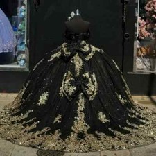 Black Prom Special Occasion Dress Off Shoulder Gold Applique Puffy Quinceanera