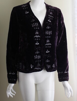 Chico's Sz 1 M PURPLE VELVET Embroidered Art-to-Wear Blazer Jacket