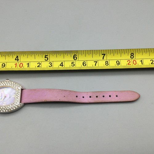 Peugeot Watch Women 27mm Silver Tone Pink Dial MOP Bling Leather New Battery - Picture 16 of 17