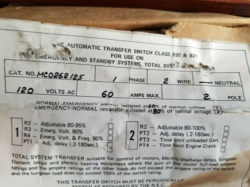 50Hz 60 AMP 125 VOLT MC-0-262-125 GOULD TRANSFER SWITCH CONTACTOR ONAN 307-2275 - Picture 10 of 10
