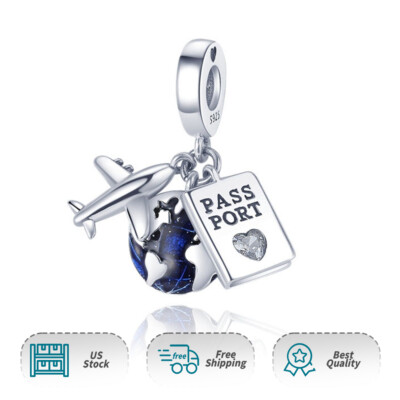 Authentic S925 Airplane Passport Travel Charm Women Bracelet Necklace Pendant