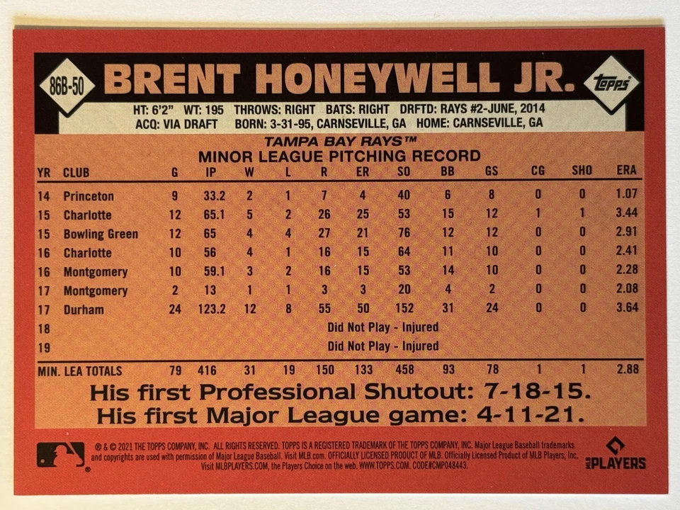 2021 Topps Update #86B-50 Brent Honeywell Jr. Topps Baseball 35th Anniversary - Image 2 of 2